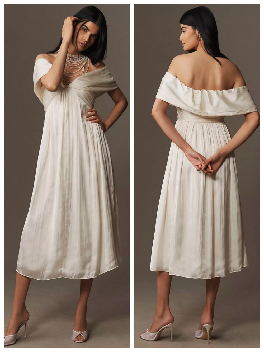 BHLDN Size M Ivory Pleated Draped Midi Dress Bridal Wedding Rehearsal